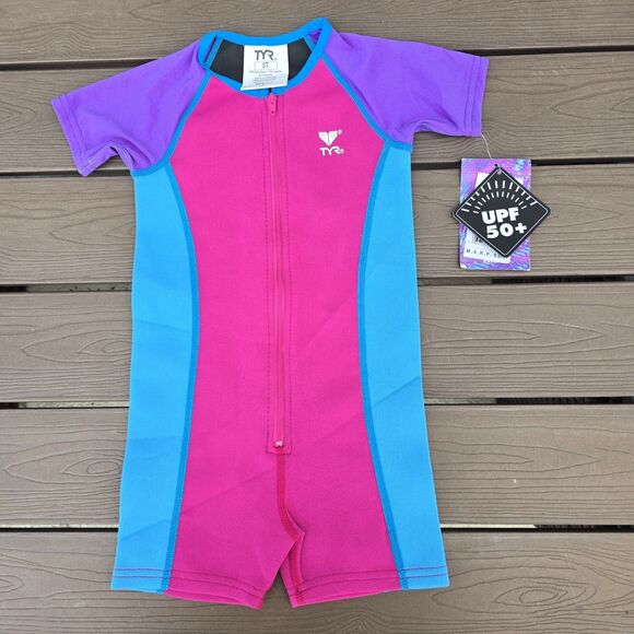 TYR Girls Solid Thermal Swim Suit Zip up Purple Pink Blue Size 3T New - Picture 3 of 6